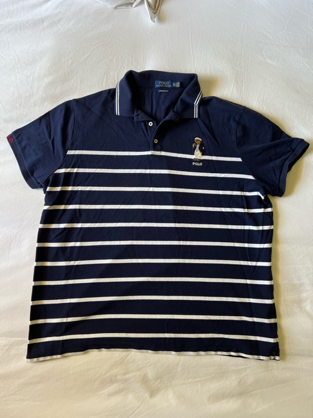 Polo by Ralph Lauren Navy and White Striped Polo with Bear Embroidery